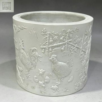 ■観心・時代旧蔵■R9033清乾隆 素胎彫刻金鶏滿園大筆立 古陶磁器 ・珍品旧蔵・古賞物・時代物
