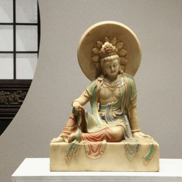 ■観心・時代旧蔵■R9300唐時代 漢白玉彩絵 自在観音 漢白玉石細工彫刻★仏教古美術★仏像★細密細工★廃寺旧蔵★廃寺買出品