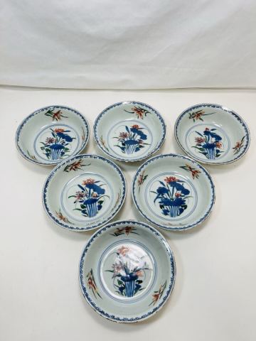 【B341】明時代 青華 五彩 蓮紋 向付 6枚セット 共箱付 古食器 お碗 お皿 飾り皿 賞盤 置物 時代物 中国古美術