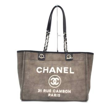 H 1円スタート CHANEL シャネル ドーヴィル PM グレー キャンバス シルバー金具 シリアルシール トートバッグ