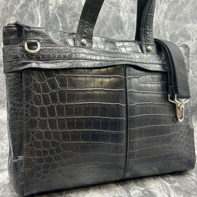 【極美品】リアルクロコダイル マットクロコ ビジネスバッグ ブリーフケース 2way センター取り ビジネス メンズ A4 ワニ革 ブラック 