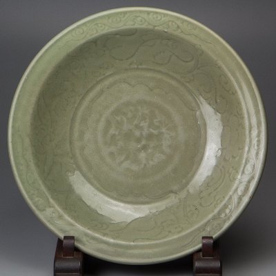 【五】青磁刻花文大皿 大鉢 明時代 箱付