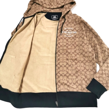 極美品/L相当!! COACH コーチ メンズ パーカー ジップアップ シグネチャー フーディー 総柄 ベージュ ブラウン ラグラン CC 羽織 高級感◎