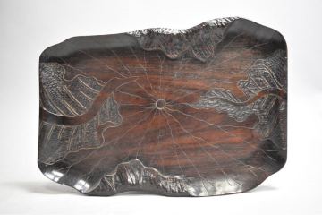 【英】A1397 時代 木彫蓮葉形煎茶盆 D31.5㎝ 日本美術 茶道具 盆 木製 漆器 木工芸 骨董品 美術品 古美術 gy