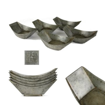 【KEI】唐物 唐錫 斑紋 「 忠信浄錫 」舟形 茶托 五客 在銘　M120