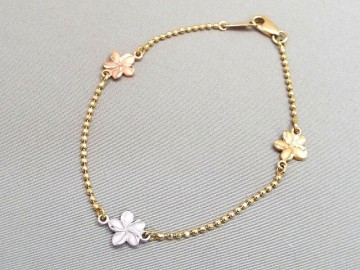 1円〜! ARR/14K/ゴールド スリーカラー プルメリアモチーフ ブレスレット/ハワイアンジュエリー アクセサリー 総重量3.4g 【1892y3】