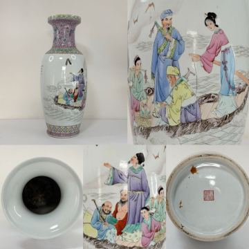 XMF-中国古美術 時代物 花器 色絵 粉彩 大花瓶 人物図 在銘 中国景徳鎮製 唐物 陶磁器 中国古玩 骨董品