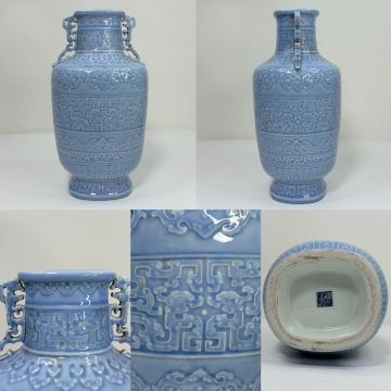 LL-中国古美術 時代物 色絵 大花瓶 花器 耳付 龍図 在銘 大清乾隆年製 唐物 陶磁器 中国古玩 骨董品