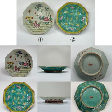 CBX-中国古美術 時代物 色絵 粉彩 皿 飾皿 在銘 花鳥図 2点セット 唐物 中国古玩 陶磁器 骨董品
