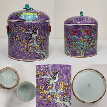 CB-中国古美術 時代物 粉彩 色絵 蓋物 花鳥図 獅鈕 在銘 大雅斎 永慶長春 唐物 陶磁器 中国古玩 骨董品