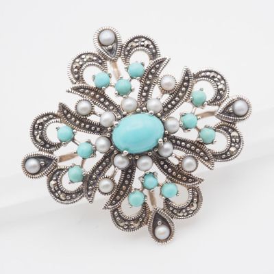 Y931 1円 碌山 ロクザン ag 925刻印 ターコイズ ベビーパール マーカサイト マルカジット シルバー 2way ブローチ ペンダント トップ