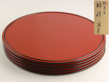 日本美術　能登輪島塗　瑞祥盆　5客　共箱　L1103