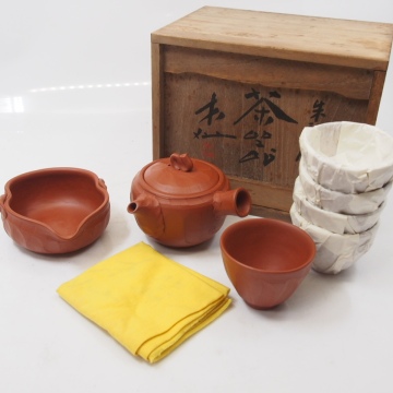 常滑焼 杉江木仙 造 朱泥 茶器揃 煎茶道具 急須 湯冷まし 煎茶碗5客 未使用保管品