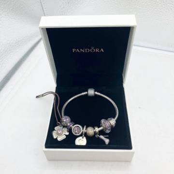 【4144】Pandora パンドラ アクセサリー ブレスレット S925 SV925 チャーム付き ハート クラスプオープナー付き クローバー シルバー★