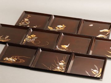 【流】光琳 螺鈿細工 絵替蒔絵 四方盆十客 HD231