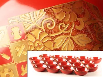 【流】朱塗 花宝尽し蒔絵木皿十九客 箱付 DK339