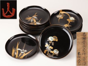 【流】時代漆器 光琳蒔絵螺鈿細工銘々盆二十客 箱付 DK367