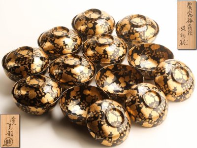 【流】鈴木表朔 最高級漆器 本金総蒔絵 鶯宿梅蒔絵吸物椀十客 共箱 未使用品 HD401