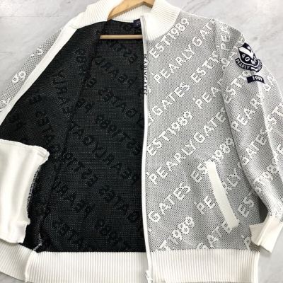 【極美品】PEARLY GATES ドライバーズニット ロゴ 総柄 ジャガード セーター 羽織 ストレッチ パーリーゲイツ メンズ ゴルフ ホワイト 6 XL