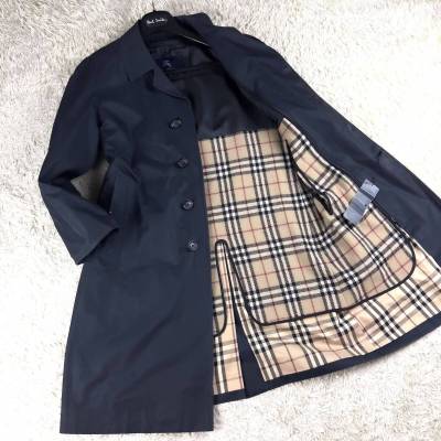 最高級カシミヤ2way!BURBERRY LONDONピュアカシミヤ入りライナー付ナポレオンコートM~Sマリンコート濃紺ノバチェック柄 バーバリーロンドン