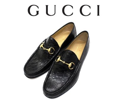 ●98万新品◆6H=25.5cm◆GUCCIグッチ クロコレザー ゴールドホースビットローファーシューズ 黒ブラック 1円
