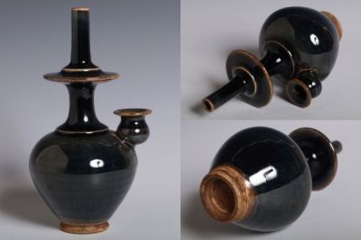 N26189 中国陶器 黒釉仙盞形水瓶 水差 水注 酒器 茶道具 検:黒釉 丁窯 磁州窯 宋代 中国 古玩 唐物