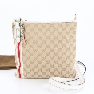 1円■極美品■グッチ■GG キャンバス チャーム付 144388 レザー ショルダーバッグ 斜め掛け ワンショルダー トート レディース RWE DD31-77