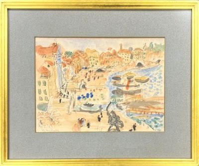 【FCP】 真作保証 梅原龍三郎 肉筆水彩画20.5x29cm 「ヴェニス風景」 ※裏面にも作品有 1952年作 共シール 文化勲章受章作家 h