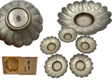 古錫製 茶托 ５客 在銘 共箱 急須 煎茶道具 重さ281g