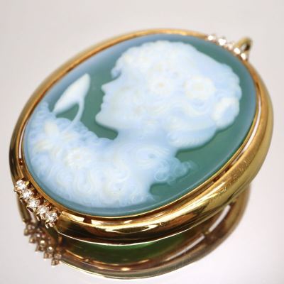 K18!!0.12ct!!◆【シュミット】ストーンカメオ&天然ダイヤモンドブローチ/ペンダントトップ◆D 約12.2g diamond ネックレス EH3/EH5 M501