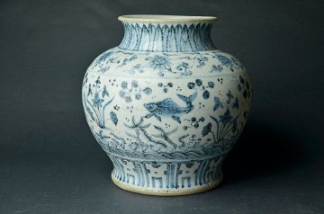 明代青花魚藻紋大罐・明嘉靖大壺 高29.7cm ★【YB】中国古玩骨董25Y1168