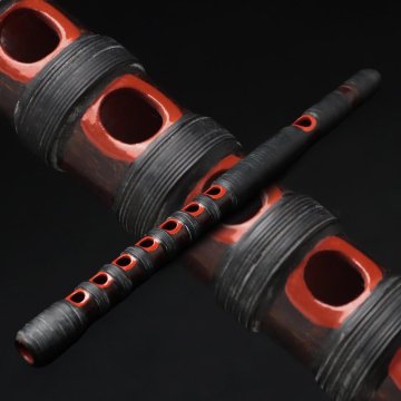 FE046 伝統和楽器 寛永通宝頭金 竹製/内朱 籐巻「龍笛/竜笛」七孔 全長39.7cm 笛袋付 雅楽 唐楽 管楽器 横笛 古美術