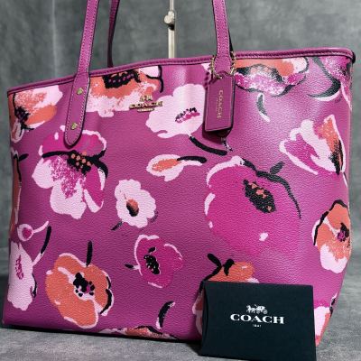 1円【 極美品 】希少デザイン コーチ COACH トートバッグ A4可 ビジネスバッグ ブリーフケース 肩掛け レザー 花柄 レディース ピンク系