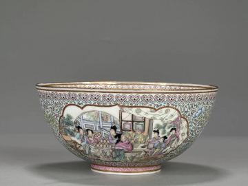 UD03S72 中国美術　景徳鎮窯　薄型　粉彩人物図茶碗　金銘　乾隆年製　時代物　美品　