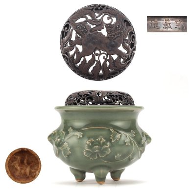 【夢工房】時代 青磁 唐草 牡丹紋 香炉 在印 宗巌造 純銀 唐獅子透 火舎　火舎重量85g 銀純度99.64％　TE-245