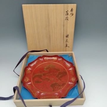 漆芸 菓子器 丸盆 古美術 骨董　唐物紅漆描金山水人物紋盆　 漆器　共箱付き
