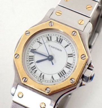 新型バックル カルティエ サントス オクタゴン SM K18YG 18金 コンビ 自動巻 時計 4434