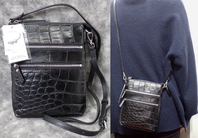 高級 総クロコ 販売時43万円 新品ヘンローン クロコダイル ショルダーバッグ ブラック ポーチ メッセンジャーバッグ メンズ レディース1914