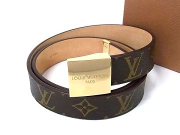 1円 ■美品■ LOUIS VUITTON ルイヴィトン M6800 モノグラム サンチュール キャレ ゴールド金具 ベルト メンズ ブラウン系 FT3907