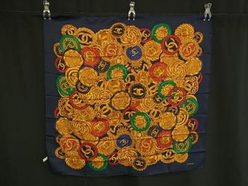 1円 ■美品■ CHANEL シャネル ココマーク シルク100% 大判 スカーフ ストール ショール レディース ネイビー系&times;マルチカラー FU6991