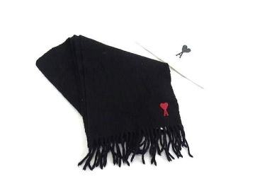 1円 ■美品■ AMI PARIS アミパリス ウール100％ フリンジ マフラー ショール 防寒具 レディース メンズ ブラック系 FR7305