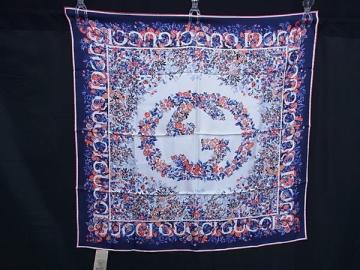 1円 ■新品同様■ GUCCI グッチ インターロッキングG シルク100% フラワー 花柄 大判 スカーフ ストール ネイビー系&times;マルチカラー FV4909