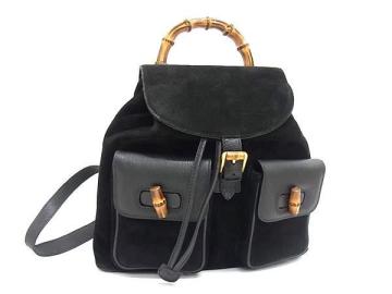 1円 ■美品■ GUCCI グッチ 003 1998 0016 バンブー スエード&times;レザー 巾着型 リュックサック バックパック デイパック ブラック系 FV4534
