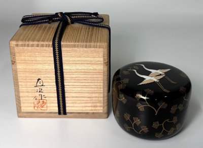 希少作【人間国宝　寺井直次】作　松喰鶴蒔絵平棗　共箱　塗二重箱　最上作　螺鈿　本物保証