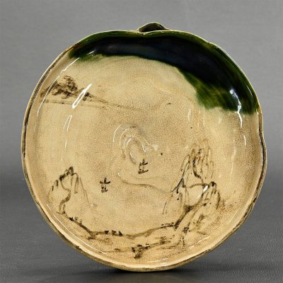 【永】d200【兵庫県の図書館や博物館の館長を歴任された歴史研究家遺族委託品】明治時代発色の綺麗な織部緑釉山水文大皿希少品