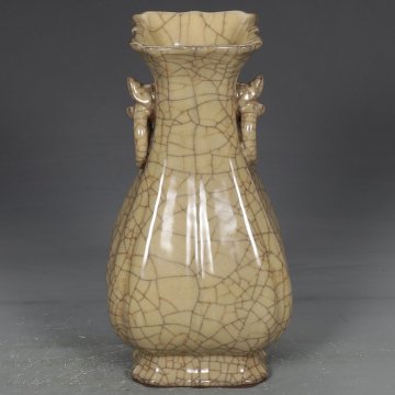 【安】南宋時代 哥窯米黄釉獣耳瓶 共箱 唐瓷 染付 古陶瓷 古美味 中国古美術 古董品 224