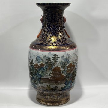 【安】清時代 大清乾隆年製 霽藍釉描金琺瑯彩山水楼閣図双耳大瓶 唐瓷 古陶瓷 中国古美術 古董品 286