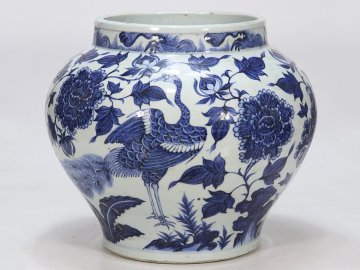 【安】元時代 青花双鳳穿花卉紋罐 共箱 唐瓷 染付 古陶瓷 古美味 中国古美術 古董品 191