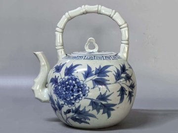 【安】李朝時代 高麗瓷 白磁 青花花卉紋竹節提梁水注 古陶瓷 古美味 朝鮮古美術 古董品 266