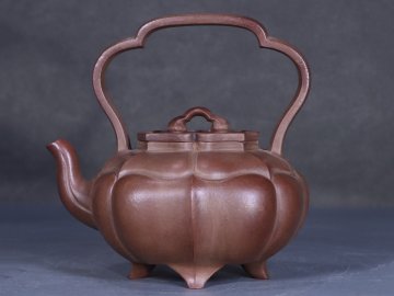 【安】清時代 潘仲瞻製 菱花提梁茶壺 宜興紫砂 常滑 朱泥急須 煎茶道具 茶壷 古董品 時代物 303